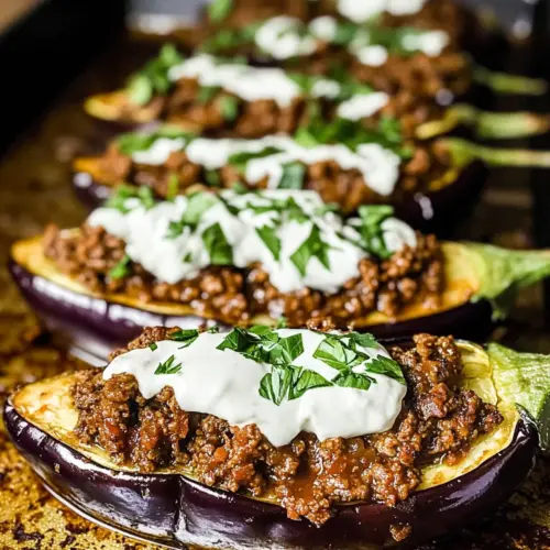Harissa Beef Stuffed Eggplant