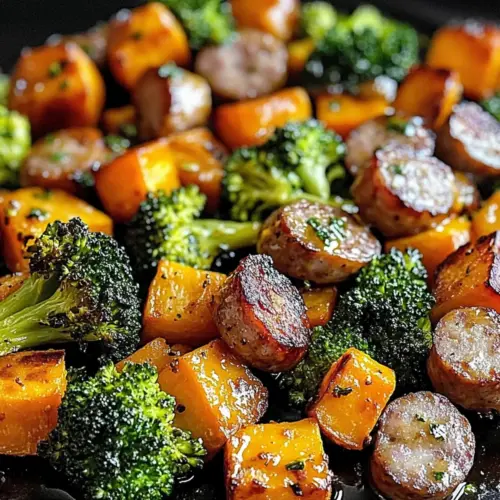 Sheet Pan Sausage and Sweet Potatoes with Honey Garlic Sauce