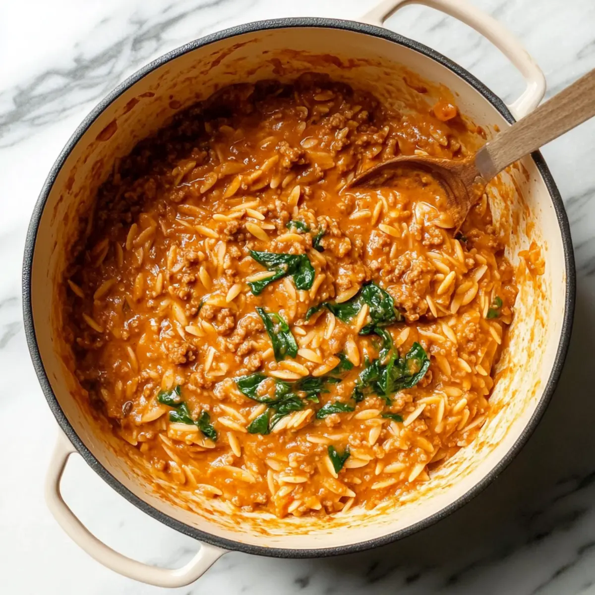 Ground Beef Orzo with Tomato Cream Sauce