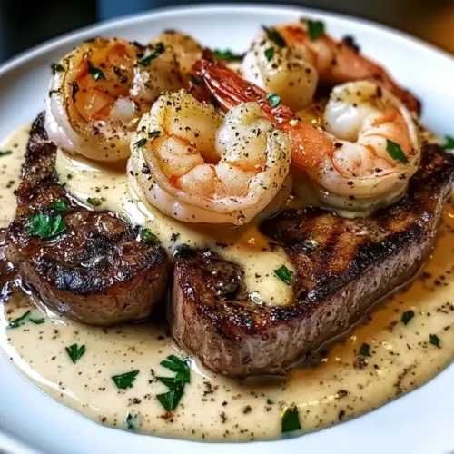 Steak With Creamy Garlic Shrimp