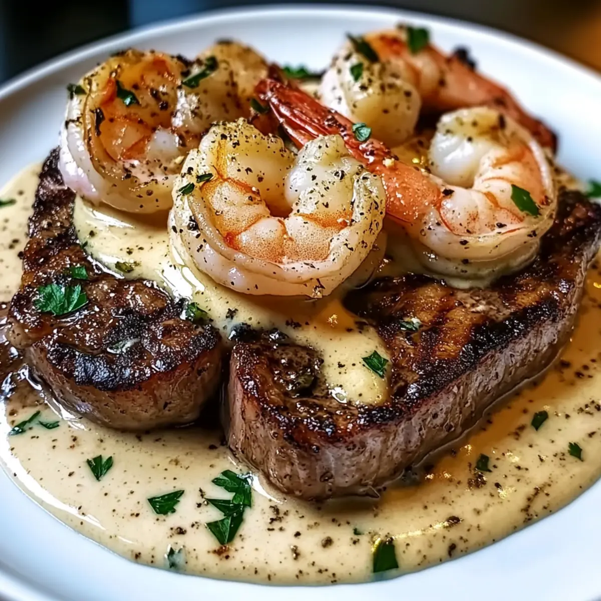 Steak With Creamy Garlic Shrimp