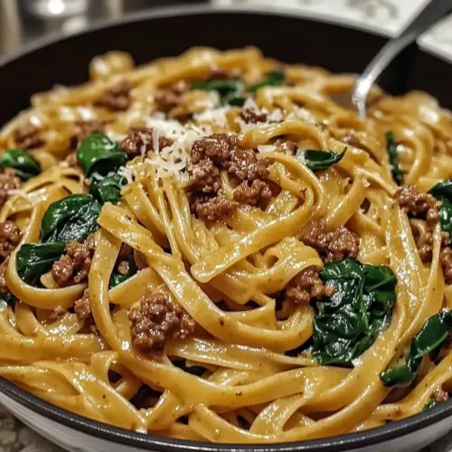 Beef and Garlic Parmesan Spinach Pasta